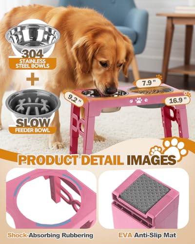 Elevated Dog Bowls for Medium Large Size Dogs (for Medium Large Dogs 1 Basic&1Slow Bowl / Pink)
