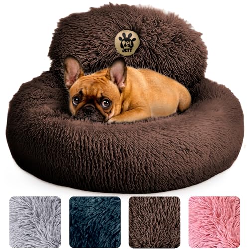 PetJett Calming Dog Bed for Small Dogs (Brown / Small - 23”L x 23”W x 8”Th)