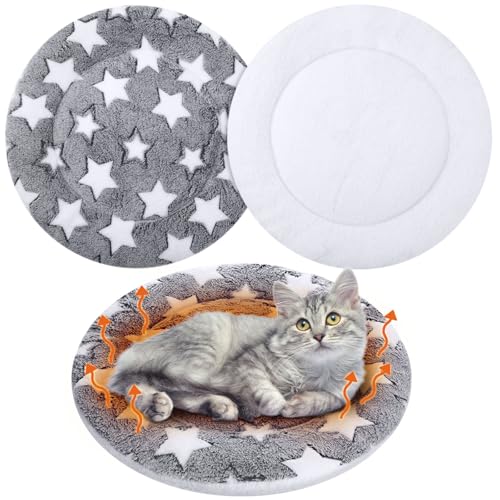 2 Pack Self Heating Cat Pad Self Heating Cat Bed Machine Washable Heat Pet Mat Reversible Body Thermal Warm Round Dog Bed Crate Blanket for Feral and Indoor Cats (16'' / Large Star)