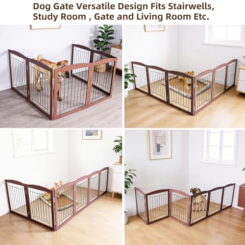 Freestanding Foldable Dog Gate for House Extra Wide Wooden Brown Puppy Gate Stairs Dog Gates Doorways Tall Pet Gate 32 "Height 6 Panels Pet Fence (Brown / 【6 Panels】120''w x 32''h)