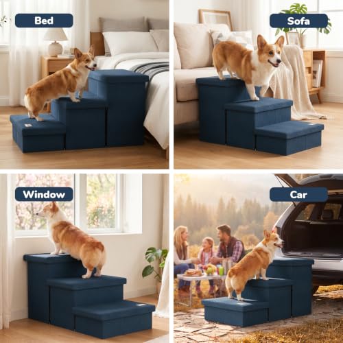 3 Step Wide Dog Stairs with Hidden Storage 18" H (Navy / 30"D x 17"W x 17.7"H)
