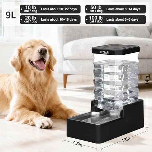 2.4Gallon Automatic Dog Water Dispenser (Black with Lid / 9L)