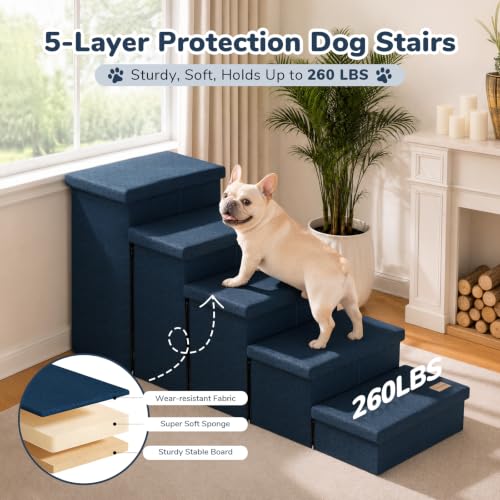 5 Step Wide Dog Stairs with Storage 23" H (Navy Blue / 50"D x 17"W x 23"H)