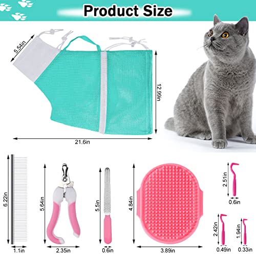 10 PCS Cat Washing Bag for Bath Shower Adjustable Net Grooming Set (Pink+Green)