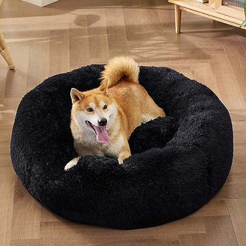 Calming Dog Bed Medium Size Dog Donut Washable Pet Bed (30"L x 30"W x 8"Th / Black)