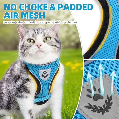 Cat Harness and Leash Set Escape Proof Reflective Cat Walking Harness Adjustable Soft Breathable Mesh Vest for Small Pets (S (NECK 9.5"-11", CHEST 13"-16") / Blue)