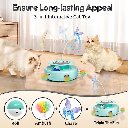 Cat Toy, 3-in-1 Automatic Interactive Electronic Moving Ambush Feather, Fluttering Butterfly, Track Balls, USB Rechargeable Powered Smart Indoor Exercise Kicker (Robin Egg Blue)
