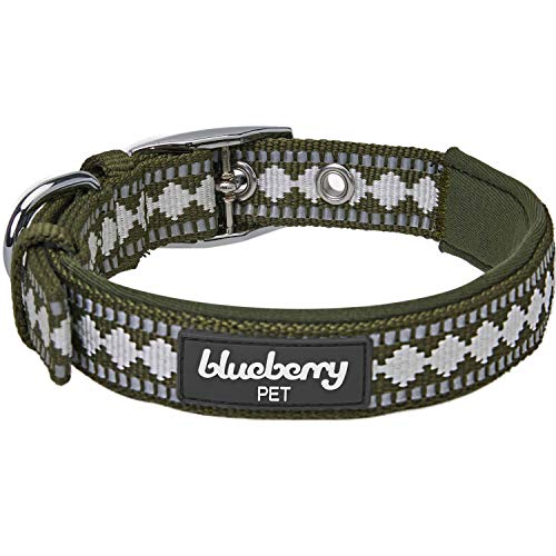 Reflective Jacquard Dog Collar with Neoprene Padding & Metal Buckle (Small / Metal Buckle-Olive)