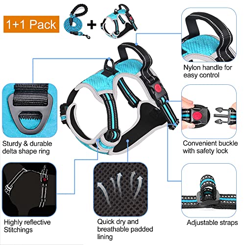 No Pull Dog Harness Adjustable Reflective Oxford Easy Control Medium Large Dog Harness with A Free Heavy Duty 5ft Dog Leash (Blue/Grey / X-Large)