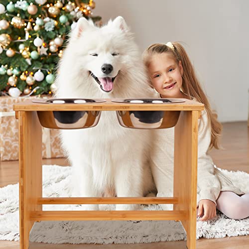 Elevated Dog Bowl Stand with 2 Stainless Steel Bowls (X large-14"tall,48 Oz bowl / Bamboo)