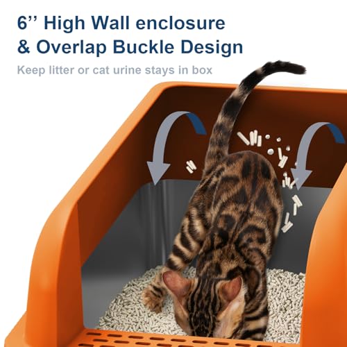XL Enclosed Stainless Steel Cat Litter Box for Big Cats (Orange & Sliver / Large)