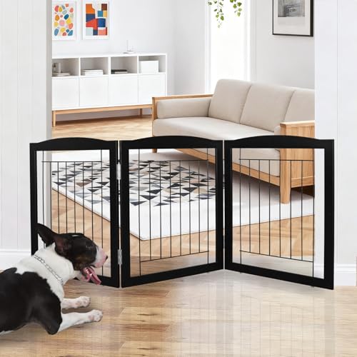 Freestanding Foldable Dog Gate for House Extra Wide Wooden Black Indoor Puppy Gate Stairs Doorways Pet Gate Tall Dog Fence 3 Panels Fence (Black / 【3 Panels】60''w x 24''h)