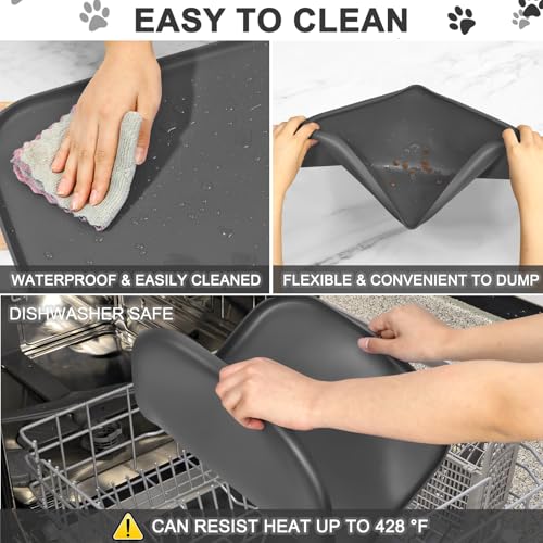 Waterproof Silicone Pet Food Mat with Raised Edge for Dog & Cat (19"L x 12"W / Dark Gray)