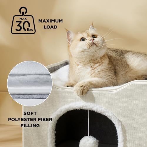 Cat House Bed for Indoor Cats with Fluffy Ball and Scratch Pad (Ivory / Single)