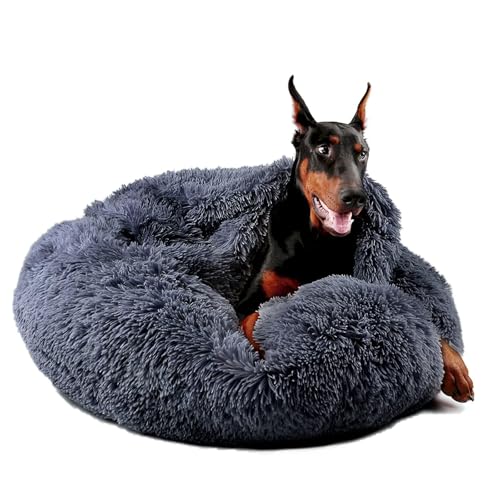 Covered Large Dog Bed with Blanket Attached Calming Burrow Deep Grey (35.0"L x 35.0"W x 10.0"Th / Grey)
