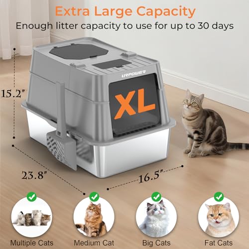 XL Stainless Steel Cat Litter Box with 110° Flip (Glacier Gray / X-Large)