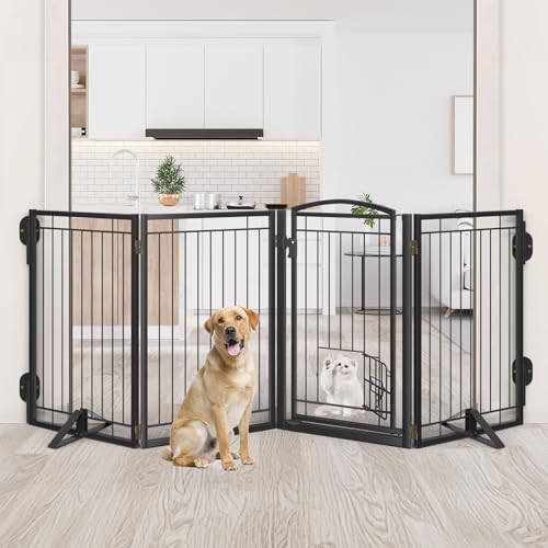 Full Metal Freestanding Dog Gate with Cat Door for Indoor & Outdoor (Black / 【8 Panels with Door】160"W×32"H)