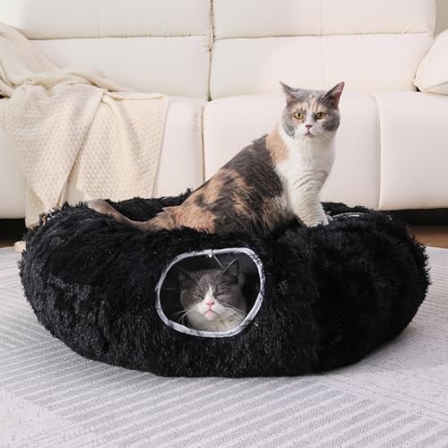 Plush Cat Tunnel Bed for Indoor Cats with Soft Cushion (Black)