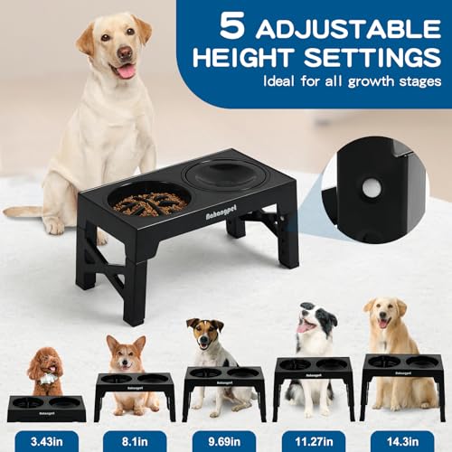 3-in-1 Elevated Slow Feeder Dog Bowls for Food and Water, 5 Heights Adjustable Raised Dog Bowls, Non-Slip, No Spill, for Small Medium Large Dogs and Cats(Black) (3Pcs-Black)