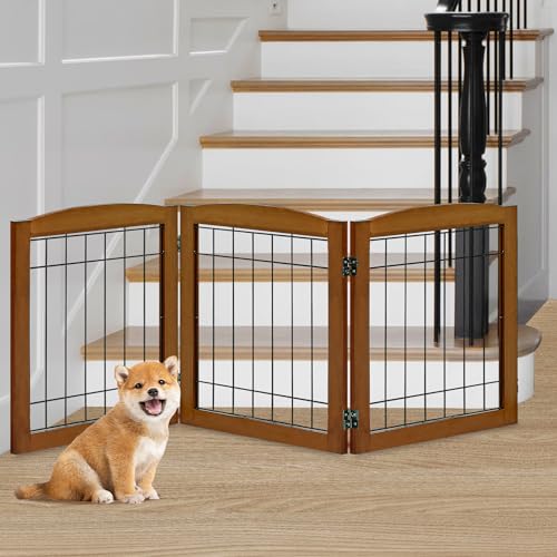 3 Panel Freestanding Foldable Wooden Dog Gate (24"Height-3 Panel / Oak Cherry)