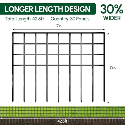 42.5ft(L) x 13in(H) Garden Fence Animal Barrier, 30 Panels No Dig Fence Panels for Dog Rabbit, Rustproof Metal Dig Defence Fencing Bottom Barrier, Anti Digging Garden Edging Border for Outdoor, Yard (30 Panels, 42.5ft(L) x 13in(H) / Black)