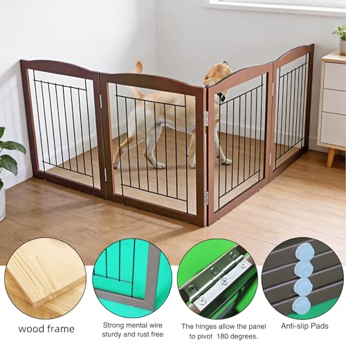 Freestanding Foldable Dog Gate for House Extra Wide Wooden Brown Puppy Gate Stairs Dog Gates Doorways Tall Pet Gate 32 "Height 4 Panels Pet Fence (Brown / 【4 Panels】80''w x 32''h)