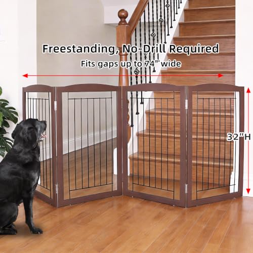 Freestanding Foldable Dog Gate for House Extra Wide Wooden Brown Puppy Gate Stairs Dog Gates Doorways Tall Pet Gate 32 "Height 4 Panels Pet Fence (Brown / 【4 Panels】80''w x 32''h)