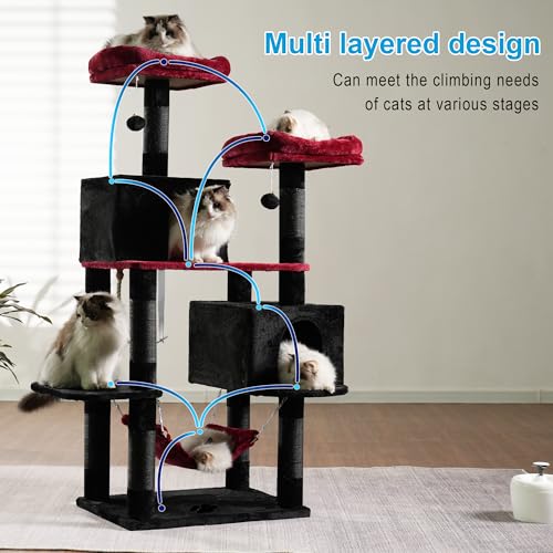 Cat Tree Tower with Sisal Scratching Posts (53.7 Inches / Black and Red)