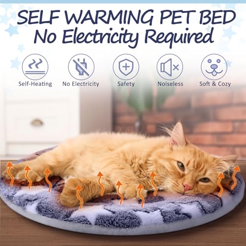 2 Pack Self Heating Cat Pad Self Heating Cat Bed Machine Washable Heat Pet Mat Reversible Body Thermal Warm Round Dog Bed Crate Blanket for Feral and Indoor Cats (16'' / Blue Large Star)