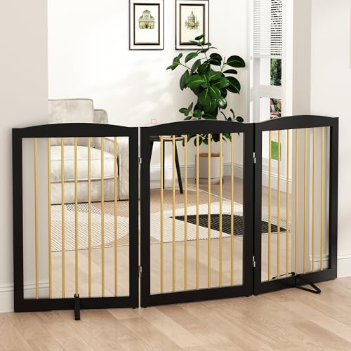 Freestanding Pet Gate for Dogs (32" Height-3 Panel / Black & Gold)