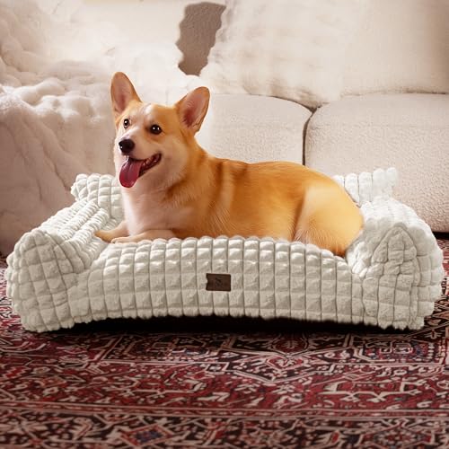 Cat Couch Bed with Fluffy Faux Rabbit Fur for Indoor Cats (Off White / Large: 36"L x 27"W x 10"Th)