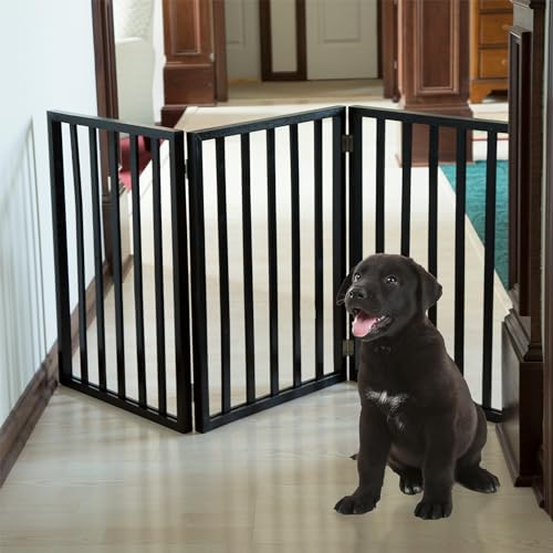 Pet Gate - 3-Panel Indoor Foldable Dog Fence for Stairs, Hallways, or Doorways - 54x24-Inch Wood Freestanding Dog Gates by PETMAKER (Black) (Black / 3 Panel)