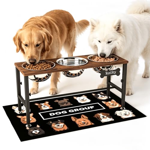 Triple Elevated Dog Bowls Stand for Multiple Dogs (Brown-L, 3 Bowls / Height:9-12.2inch)