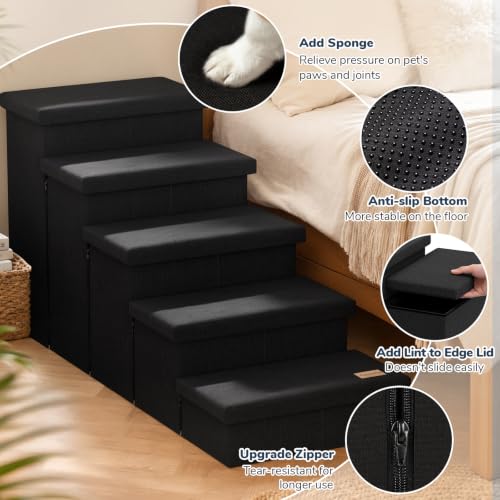 5 Step Wide Dog Stairs with Storage 23" H (Black / 50"D x 17"W x 23"H)