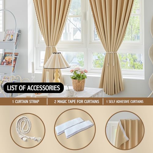 Magic Tape Stick on Curtains Blackout Curtains for Bedroom no Drillng Self Adhesive Curtain no Rod Small Window (Beige / 59"W x 98"L (Pack of 2))