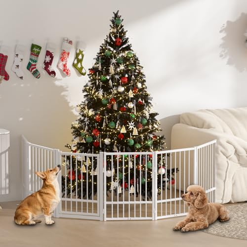 Full Metal Freestanding Dog Gate with Door (【6 Panels】120"W*32H" / White)