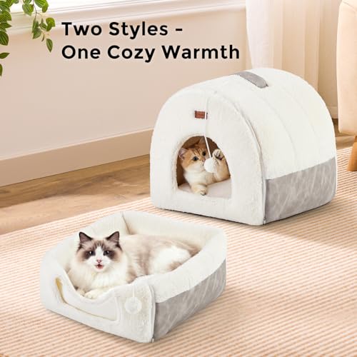 2in1 Cat Bed Cave for Indoor Cats & Small Dog (L - 17.0"L x 20.0"W x 15.9"H / Cream)