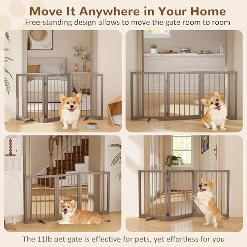 Free Standing Dog Gate Indoor (Brown / 3-Panel, 24"Tall)