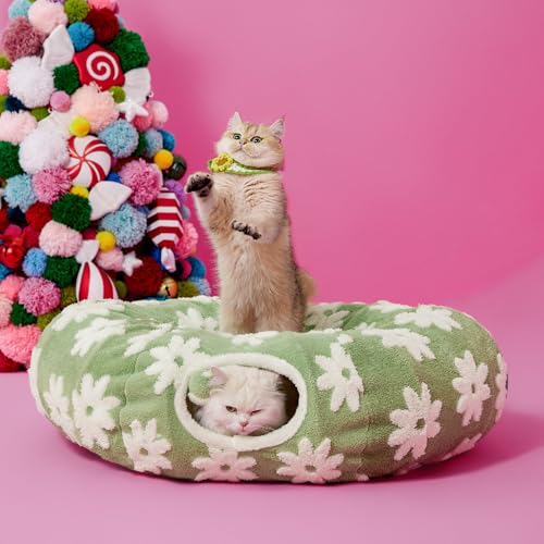 Lesure Donut Cute Jacquard Cat Tunnel Bed Kitten Toys for Puppy Bunny (Standard (33.5"L x 33.5"W x 10"H) / Flower Garden Green)