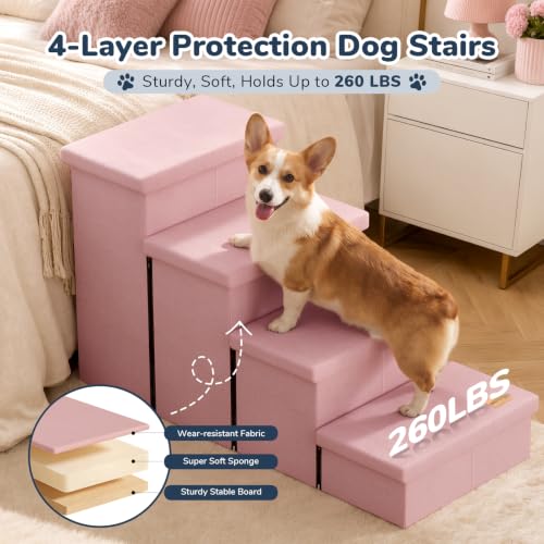 4 Step Wide Dog Stairs with Storage 23" H (Pink / 40"D x 17"W x 23"H)