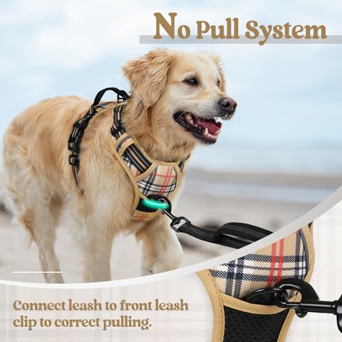 Dog Harness No Pull for Large Dogs with 2 Leash Clips (Large / Beige Plaid)