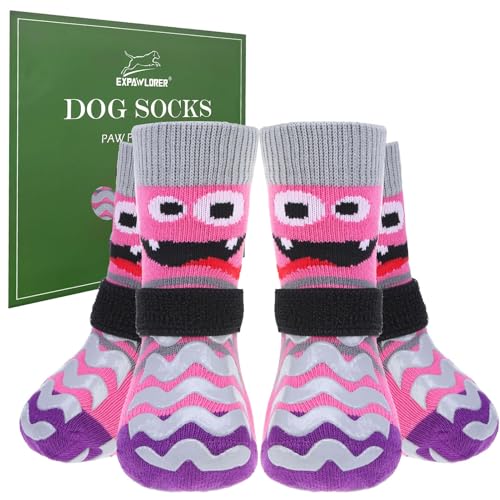Dog Socks to Prevent Licking Paws with Grippers for Hardwood Floors Anti Slip (Small / Pink)