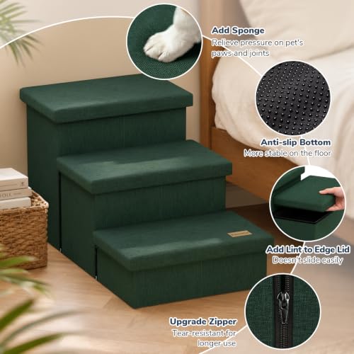 3 Step Wide Dog Stairs with Hidden Storage 18" H (Dark Green / 30"D x 17"W x 17.7"H)