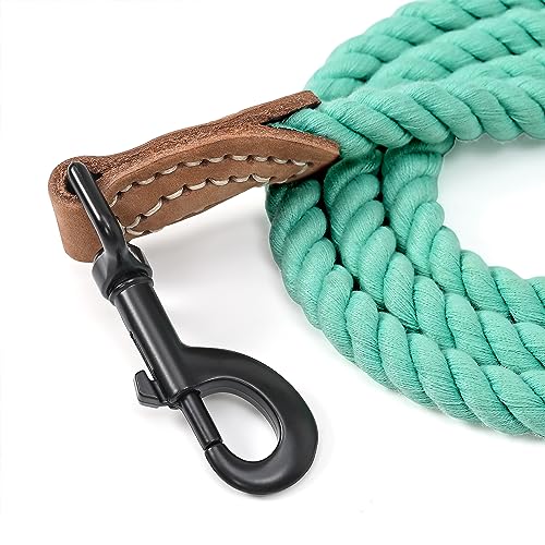 Dog Leash Braided Cotton Rope with Leather (Green / 60 Inch-1/2")