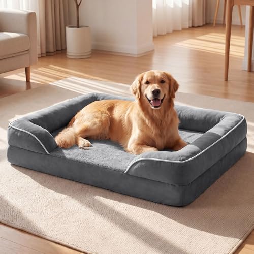 Waterproof Orthopedic Dog Bed for Extra Large Dogs with Bolster (Grey / XL (42"x30" - 4" Thick))