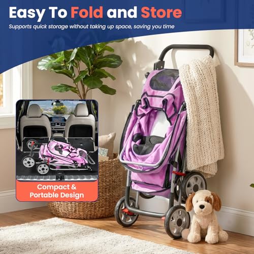 4 Wheel Foldable Pet Stroller (Pink / 4 Wheels)
