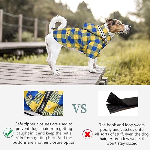 Dog rain Coat Waterproof Raincoat Puppy Jacket with Legs Buttons Zipper Hood Drawstring Fit for Yorkie Terrier Schnauzer Poodle Border Collie Labrador Golden Retriever 8lbs to 80lbs Yellow M (Medium / Yellow Plaid)