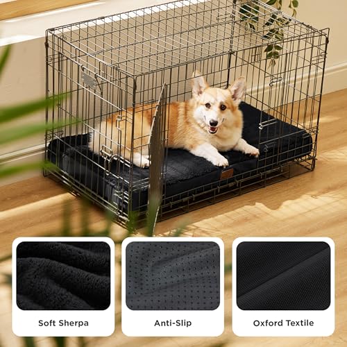 Washable Dog Crate Bed for Large Size with Comfy Sherpa (35"L x 22"W x 3"Th / Black)