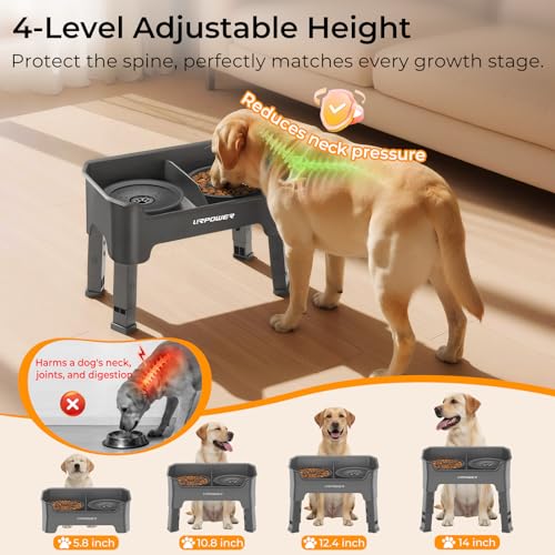 Mess Proof Elevated Dog Bowls 4 Height Adjustable Raised Stand (Grey / Large)