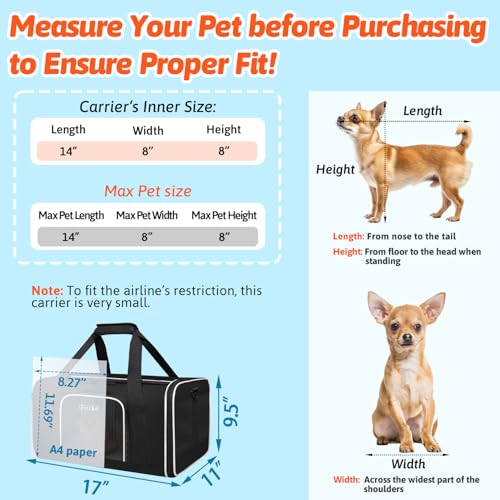 Small Pet Carrier 17"x11"x9.5" with Wheels Airline Approved (17.0"L x 11.0"W x 9.5"H / Black and Wheeled)